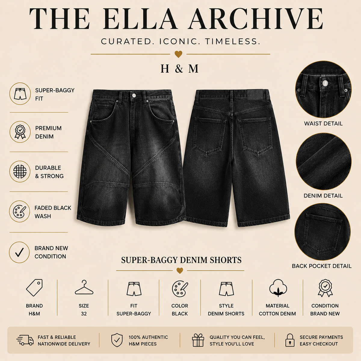 H&M Super-Baggy Denim Shorts – Black